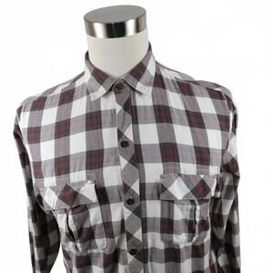 Guess Boys Button Up Army Green White Red Plaid Shirt Youth XL